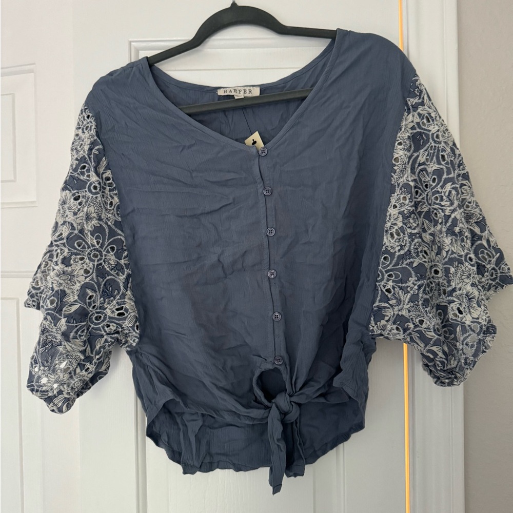Harper Slate Blue Blouse with White Embroidery